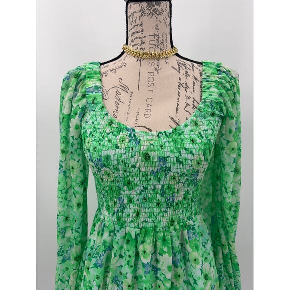 B2 Steve Madden Green Floral Mini Dress Womens Small Long Sleeves Cottagecore - Picture 3 of 7